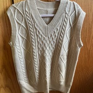 Cream/Tan V-Neck Cable Knit Sweater SHEIN